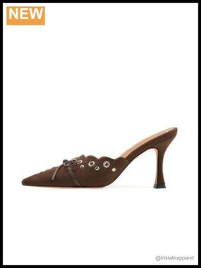 Kitten Heel Mules Bow Tie Faux Suede Stiletto Pointed Toe Studded Slide Sandals